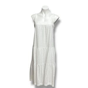 White Tiered Midi Dress Cotton Label of Love Cottage Fairy Square Neckline Sz M